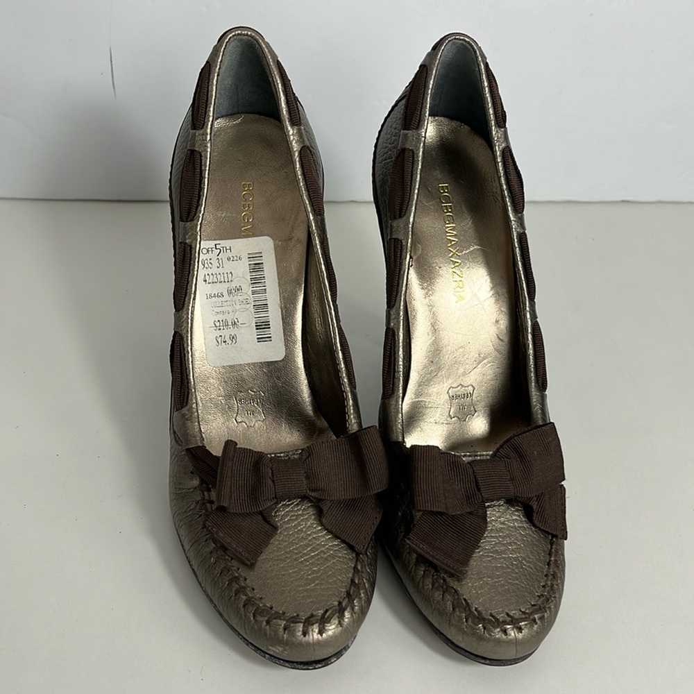 BCBGMaxazria Brown Leather Ribbon and Bow Heels Women’s Size 5.5